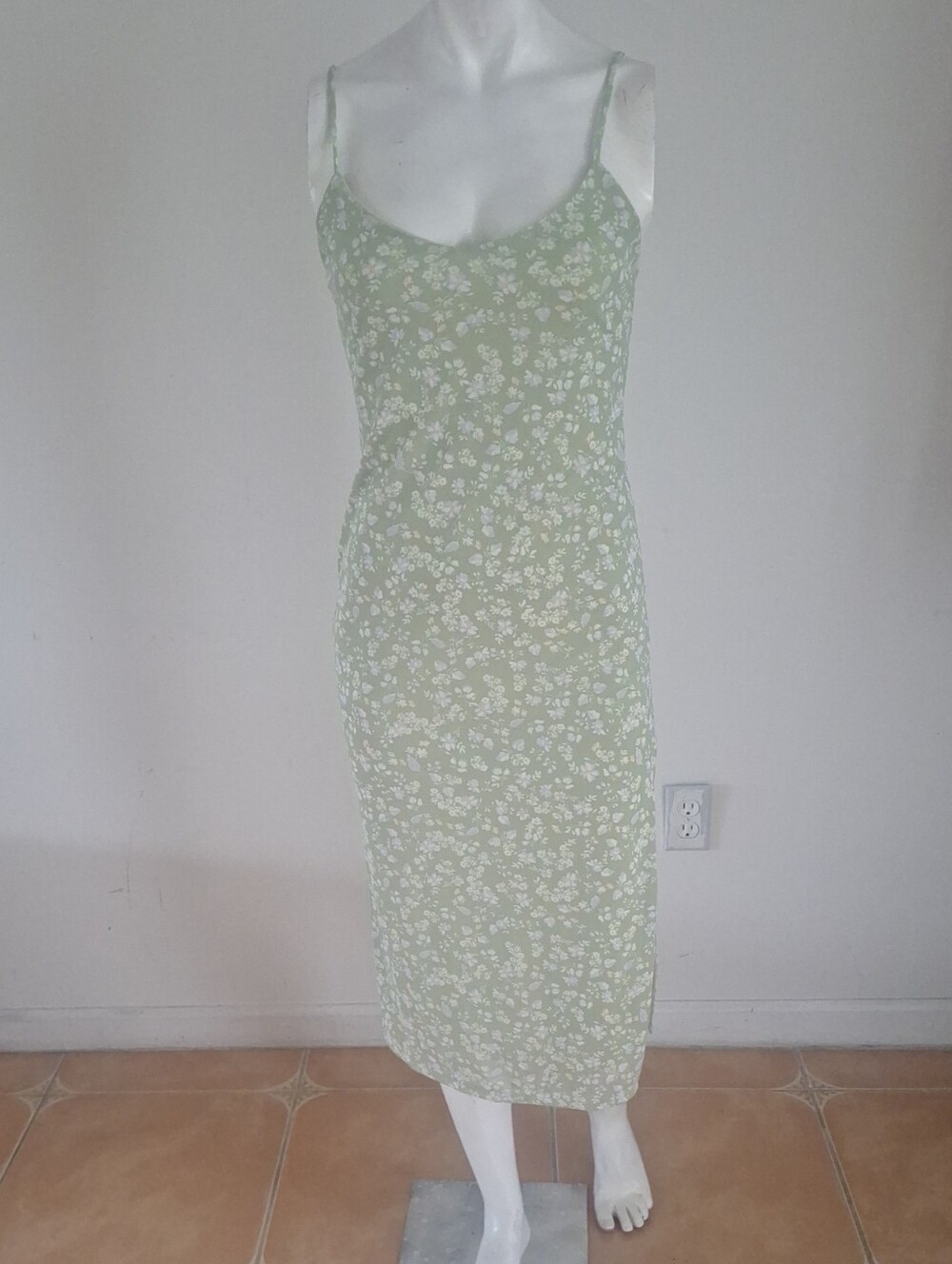 Y2k Casual Sage Green Floral Midi Dress - Sleeveless Open On Side Spandx Sz S